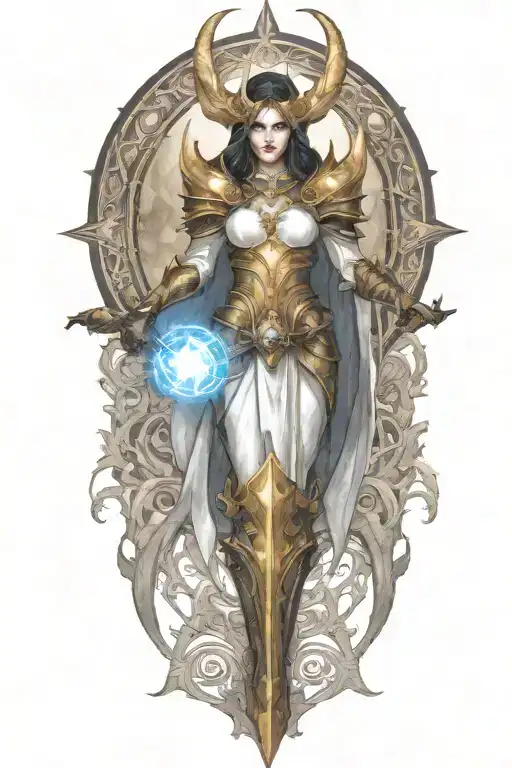 Diablo 3 video game Auriel in battle scene tattoo design idea