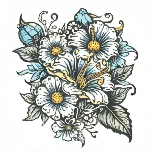 scorpio, marigolds morning glory's cosmos,    tattoo design idea