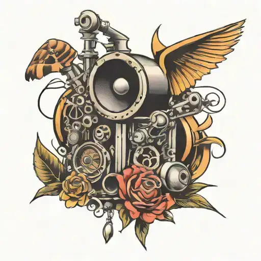 speakers and engine parts tattoo design idea