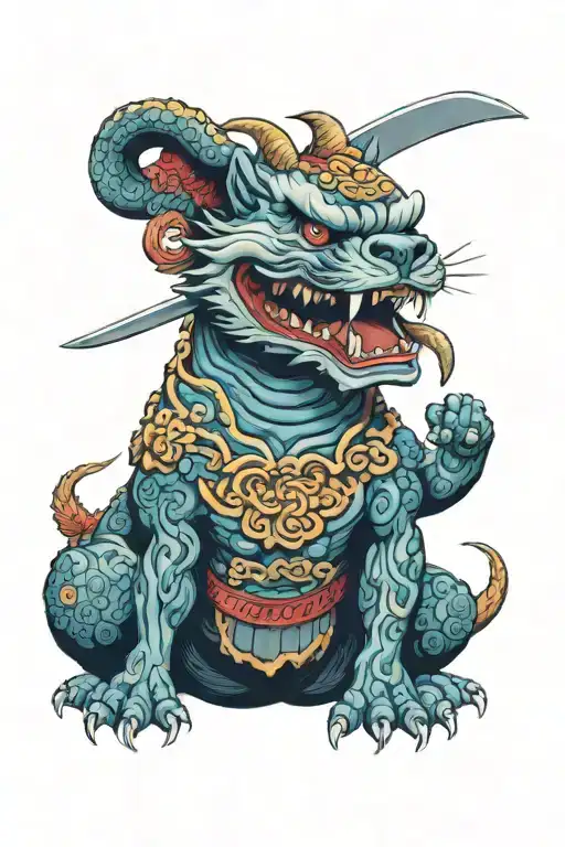 Fu dog keeping a knife in the mouth with angry face tattoo design idea