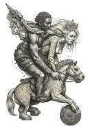 nude slim shy young blonde european girl rides back of muscular african king tattoo design idea