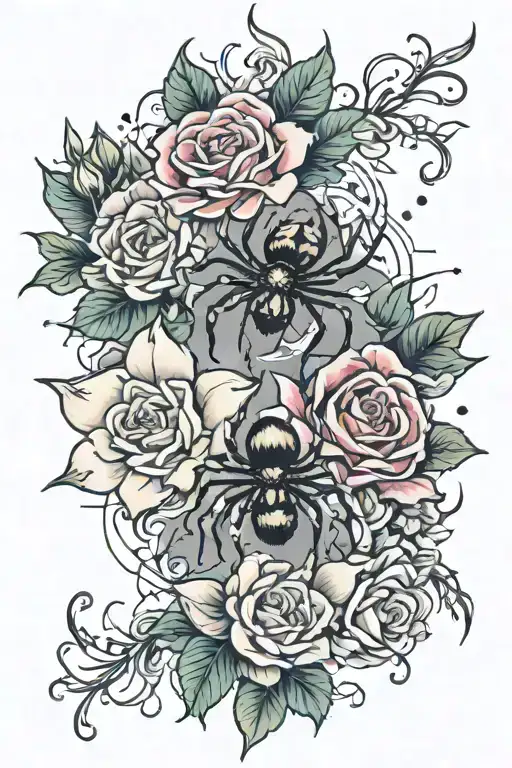 azaleas & roses & star & spider crawling tattoo design idea