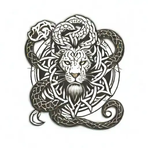 A lion and scorpion intertwined in a Celtic knot design, symbolizing family and Ireland tattoo design idea