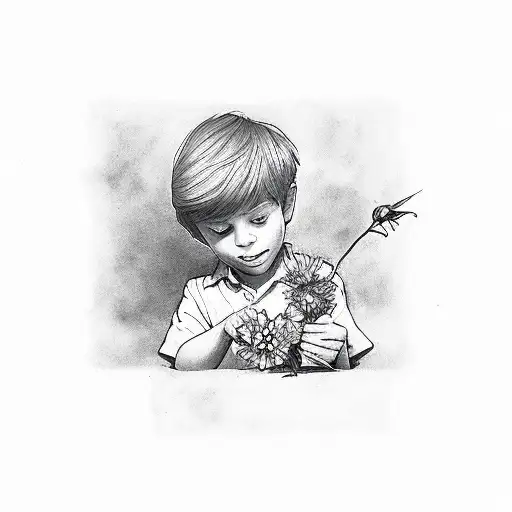 little boy holding flower tattoo design idea