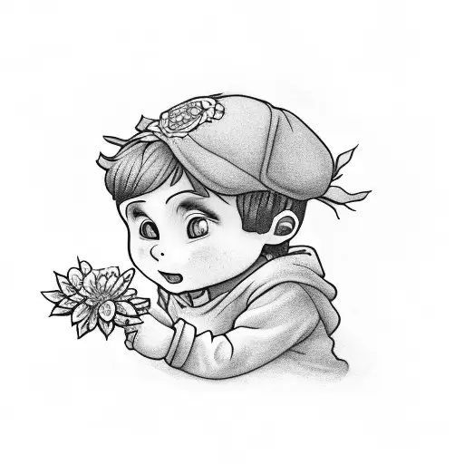 little boy holding flower tattoo design idea
