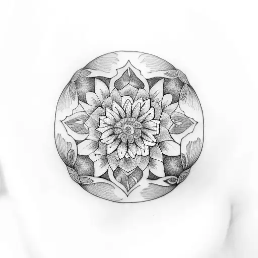 A blackwork tattoo of a woodturned bowl filled with wildflowers tattoo design idea