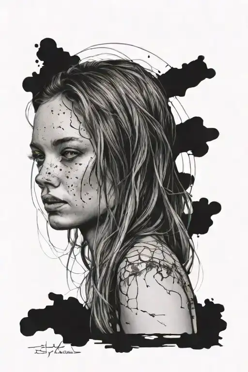 face of a young and pretty girl, with freckles, with long hair, with some features of death, pencil lines are marked tattoo design idea