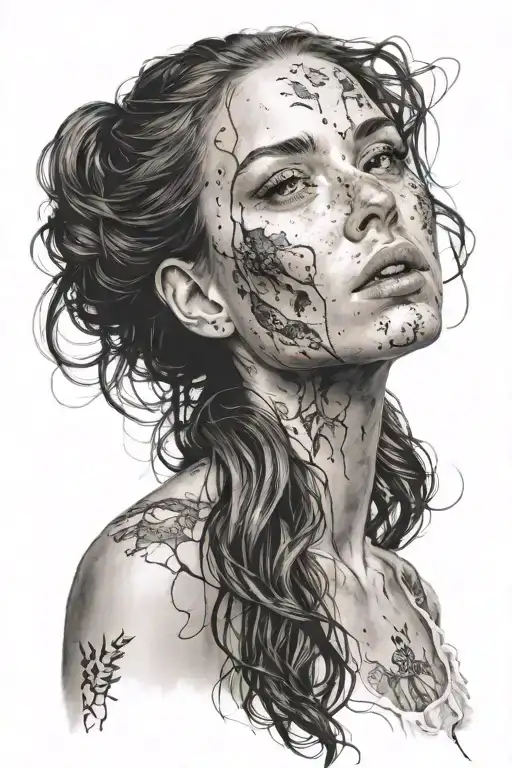 face of a young and pretty girl, with freckles, with long hair, with some features as if death were inside tattoo design idea
