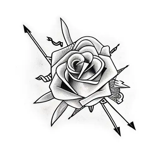 long arrow with cross feathers and rose with thorn stem running parallel tattoo design idea