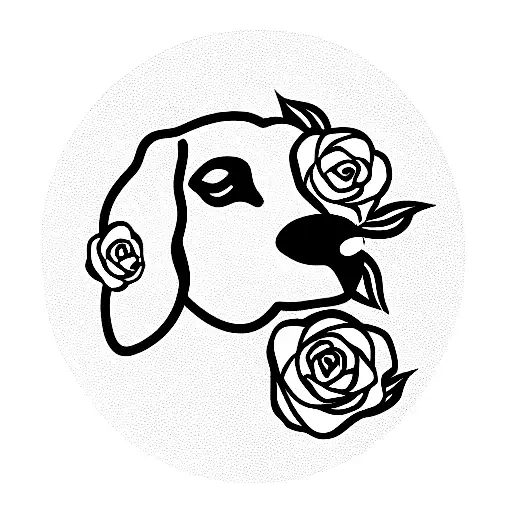 pointer breed dog face outline with roses around tattoo design idea