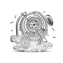 A mechanical snake with gears and cogs coiling around a wrench, with smoke billowing in the background tattoo design idea