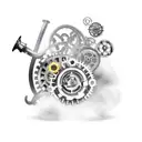 A mechanical snake with gears and cogs coiling around a wrench, with smoke billowing in the background tattoo design idea