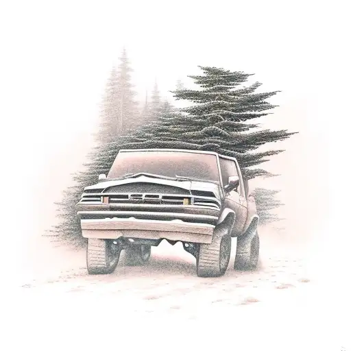 A realistic tattoo of a four-wheel drive vehicle climbing a rugged mountain trail at dusk tattoo design idea