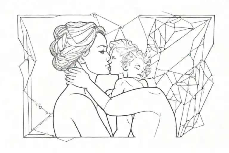 mother and son with universe in the background mixing geometric with abstract tattoo design idea