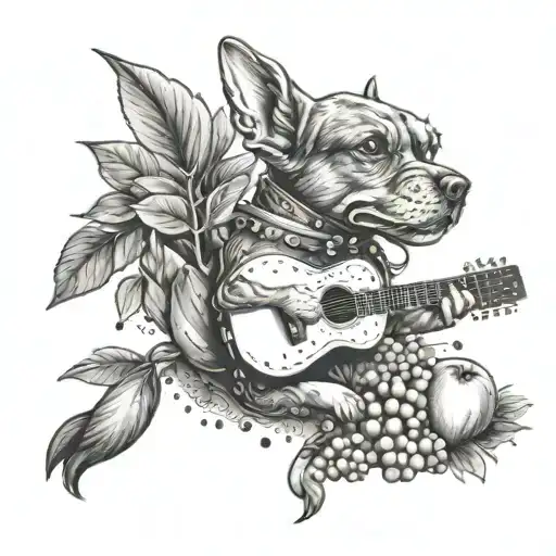 A tattoo design of a dog playing a guitar surrounded by fruits and vegetables tattoo design idea