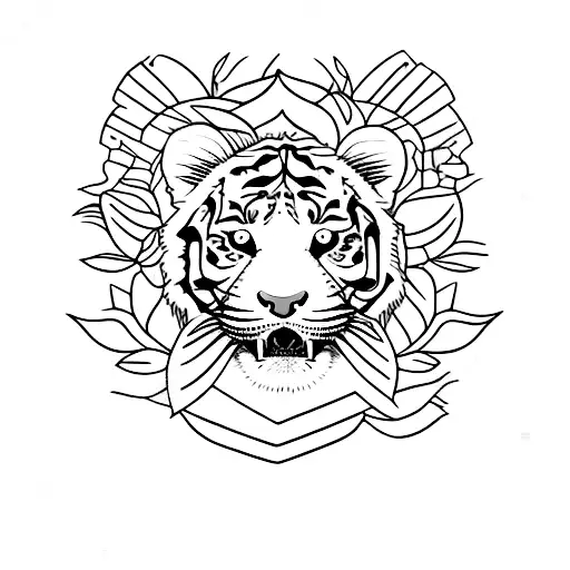 A stack of books with a tiger peeking out from behind them, surrounded by delicate flower vines tattoo design idea