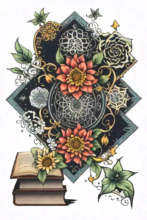 mandala, books, stars, chrysanthemum tangled together tattoo design idea
