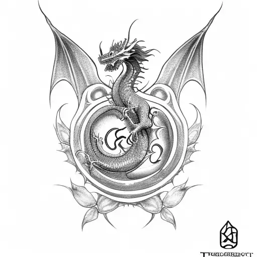 Draw me a tattoo of a dragon surrounding a thorny rose that formed from a diamond ring tattoo design idea