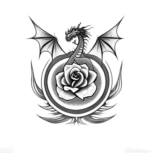 Draw me a tattoo of a dragon surrounding a thorny rose that formed from a diamond ring tattoo design idea