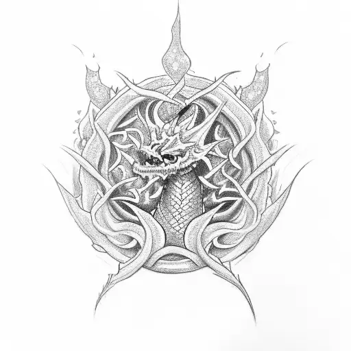 Draw me a tattoo of a dragon surrounding a thorny rose that formed from a diamond ring tattoo design idea
