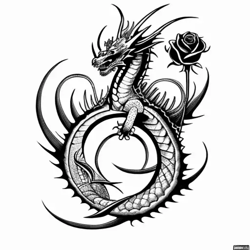 Draw me a tattoo of a dragon surrounding and protecting a thorny rose that formed from a diamond ring tattoo design idea