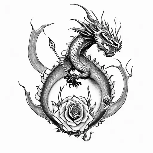 Draw me a tattoo of a dragon surrounding and protecting a thorny rose that formed from a diamond ring tattoo design idea