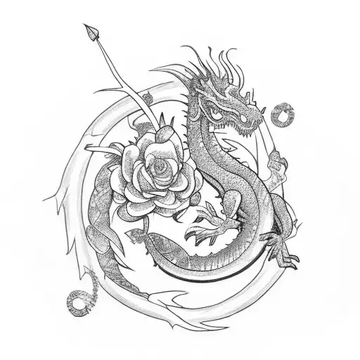 Draw me a tattoo of a long dragon surrounding and protecting a thorny rose that formed from a diamond ring tattoo design idea