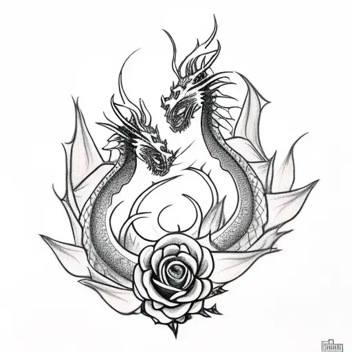 Draw me a tattoo of a dragon surrounding and protecting a thorny rose that formed from a diamond ring tattoo design idea