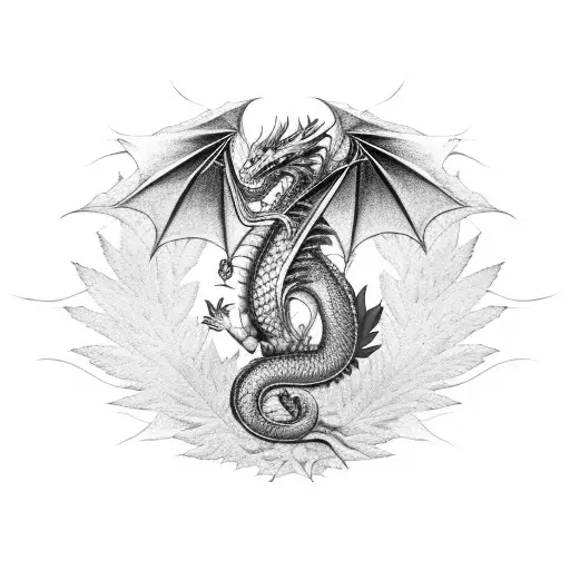 A dragon breathing fire that turns into musical notes and marijuana leaves tattoo design idea