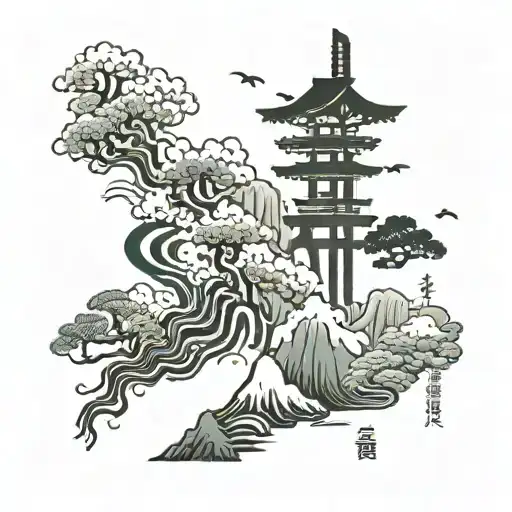 seis kanjis en vertical. fuego, cielo, montaña, bosque, rio, viento tattoo design idea