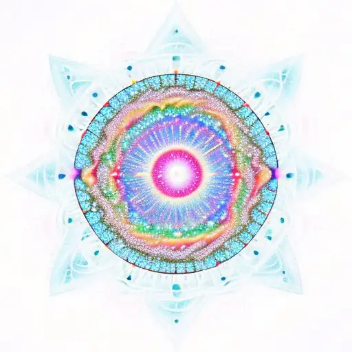 A cosmic starburst with intricate geometric patterns representing the principles of quantum physics tattoo design idea