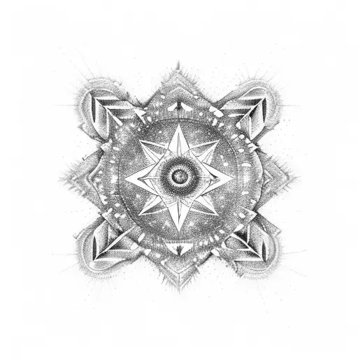 A cosmic starburst with intricate geometric patterns representing the principles of quantum physics tattoo design idea