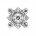 A cosmic starburst with intricate geometric patterns representing the principles of quantum physics tattoo design idea