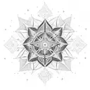 A cosmic starburst with intricate geometric patterns representing the principles of quantum physics tattoo design idea