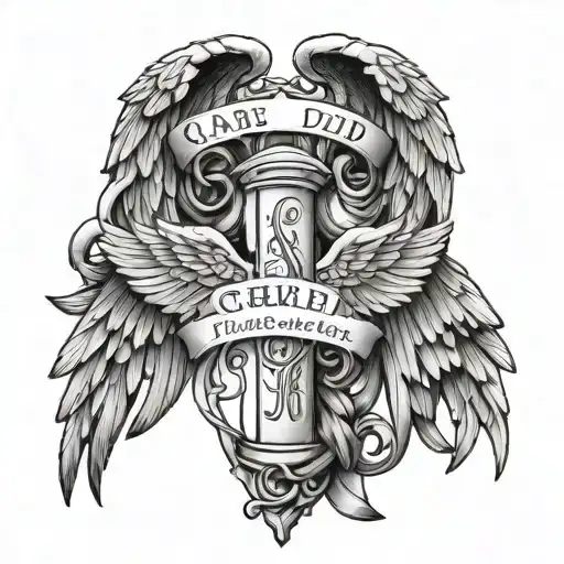 A tattoo design featuring your kids' names, Corey, Cole, Jesse, and Shiloh, intertwined with angel wings symbolizing your role as a Christian Dad tattoo design idea