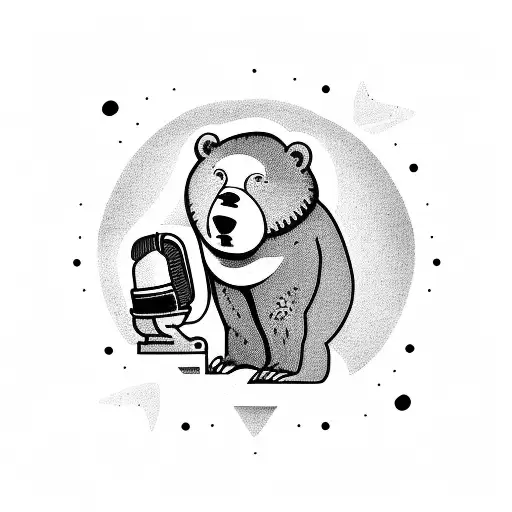 A standup comedian holding a pen as a microphone, surrounded by a crowd of bear spectators tattoo design idea