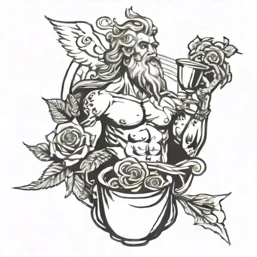 Zeus holding a lightning, roses , doves with money in mouth , double cup spilling drink  tattoo design idea
