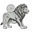 A fierce lion standing proudly in a blackwork style surrounded by symbols of Rome tattoo design idea