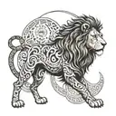 A fierce lion standing proudly in a blackwork style surrounded by symbols of Rome tattoo design idea