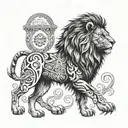 A fierce lion standing proudly in a blackwork style surrounded by symbols of Rome tattoo design idea