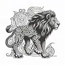 A fierce lion standing proudly in a blackwork style surrounded by symbols of Rome tattoo design idea