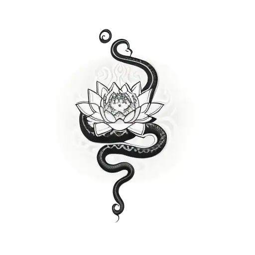 a snake heading upwards and a lotus flower. The tip of the snake's tail is an OM symbol tattoo design idea