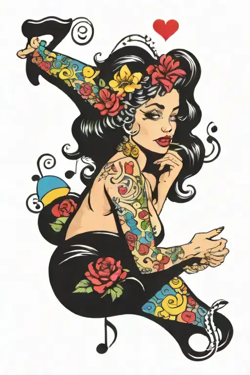 woman pinup girl, music notes, rainbow heart, fine art representation, dog paw, beach and ocean, marriage, family tattoo design idea