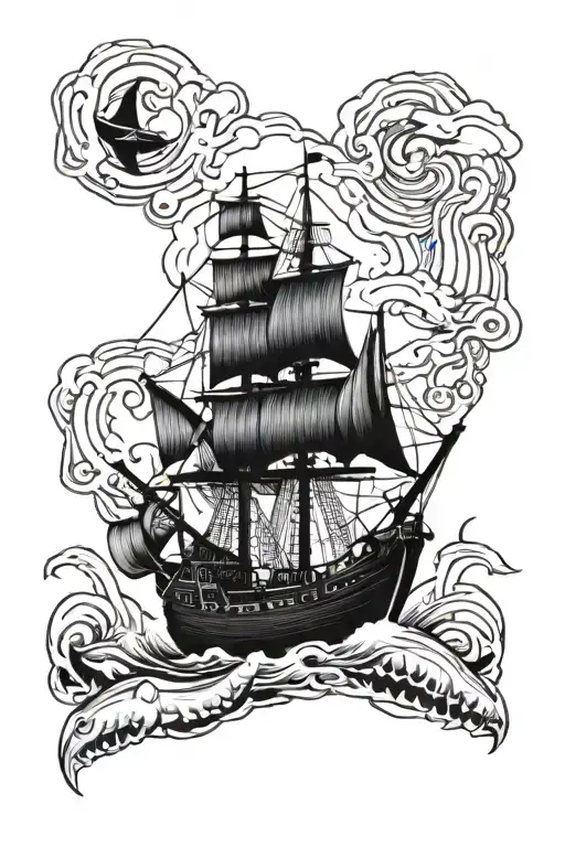 old sailing ship in storm, with shark and treasure underneath tattoo design idea
