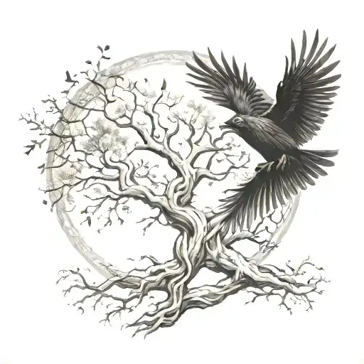tree of life with raven flying tattoo design idea
