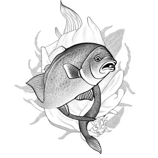 a black fish with long tails in the middle surrounded by some flowers tattoo design idea