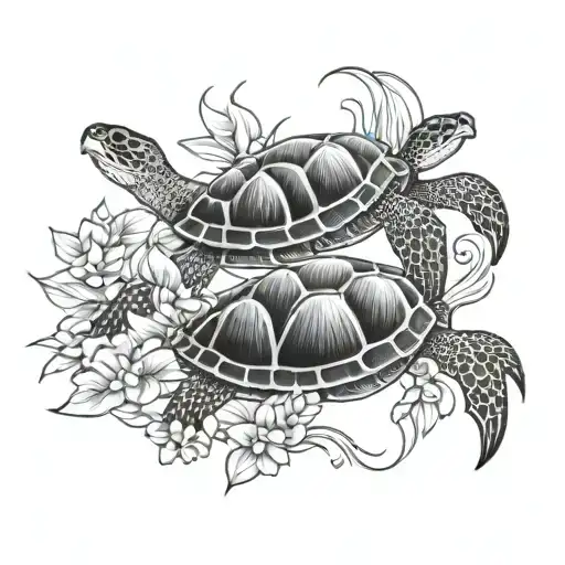 Bougainvillea, tribal patterns, turtles swimming together tattoo design idea