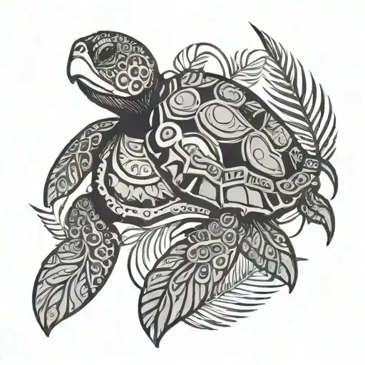 A stylized sea turtle surrounded by coconut leaves in a tribal-inspired composition, representing resilience and growth tattoo design idea