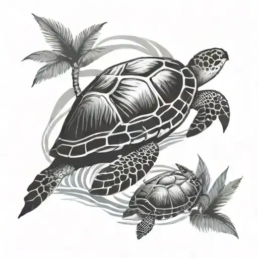 coconut leaves and small sea turtles swimming tattoo design idea