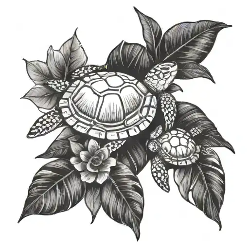 coconut leaves and small sea turtles swimming with Bougainvillea flower tattoo design idea